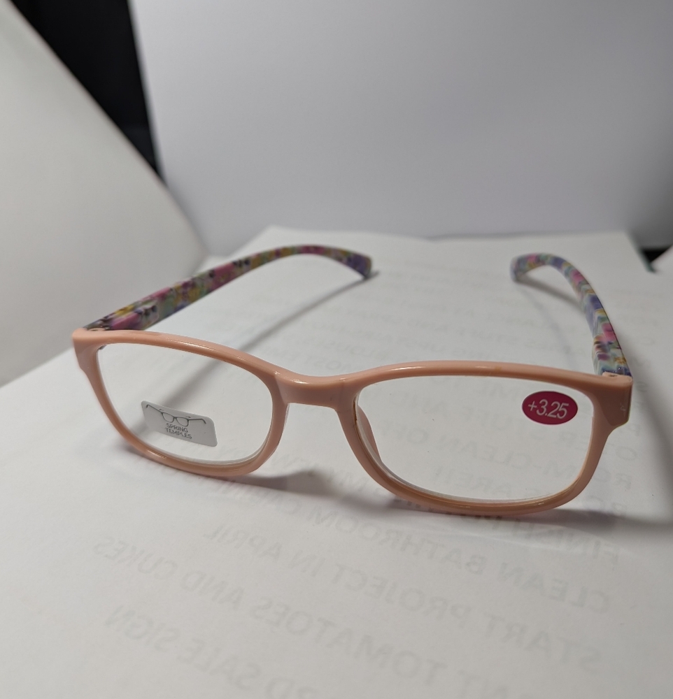 Reading Glasses Lite Pink & Pink Floral +3.25 Eyeglasses Spring Temples NWT